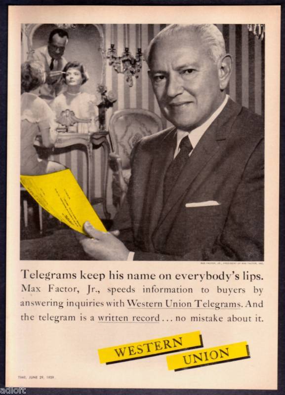 1959 Mr. Max Factor Jr. Photo Western Union Telegram Ad  