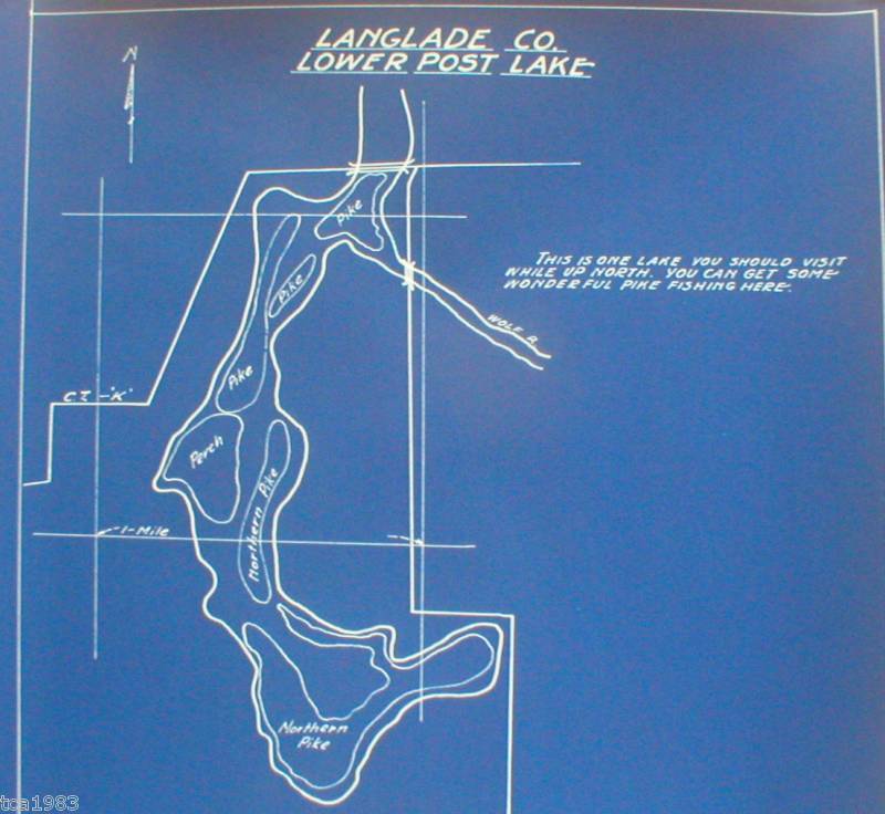 OLD Wisconsin FISHING MAP LANGLADE Co. LOWER POST LAKE  