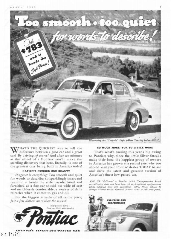 1940 Pontiac Torpedo Eight 4door Touring Sedan Print Ad  