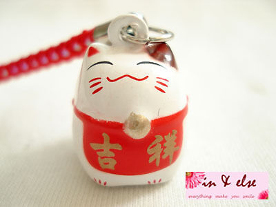 White Maneki Neko Lucky Cat Bell Mobile Cell Phone Charm 0.6  