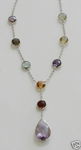 14K White Gold Multi Colored Gemstones Necklace 16 New  