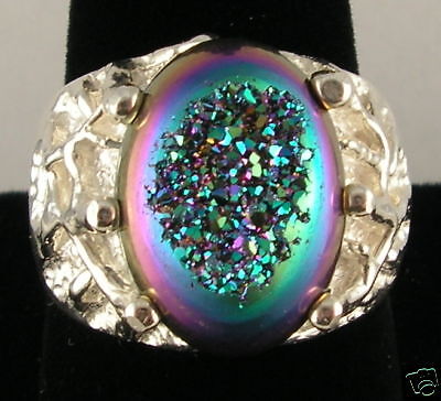 MENS HUGE 18X13MM RAINBOW WINDOW DRUZY / DRUSY IN SS RING 