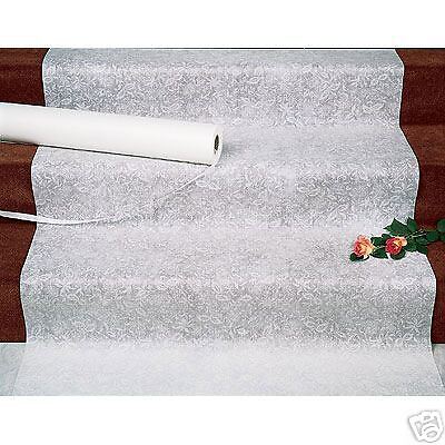 High quality durable rayon aisle runner features delicate lace design.