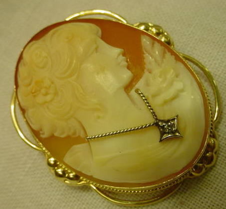 CAMEO DIAMOND 14K GOLD PIN BROOCH PENDANT VINTAG ESTATE  