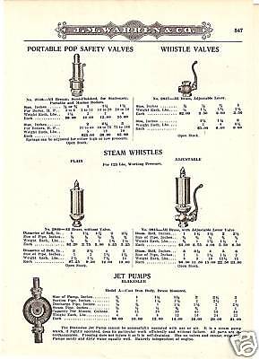 STEAM WHISTLE & VALVE JET PUMP ANTIQUE CATALOG AD 1919  