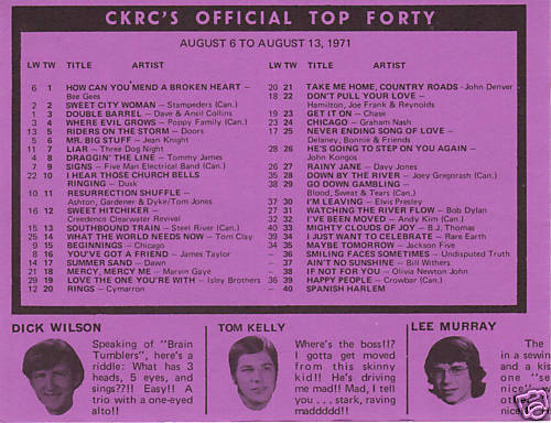 1971 CKRC Canadian Music Survey Hit Chart Bee Gees #1  