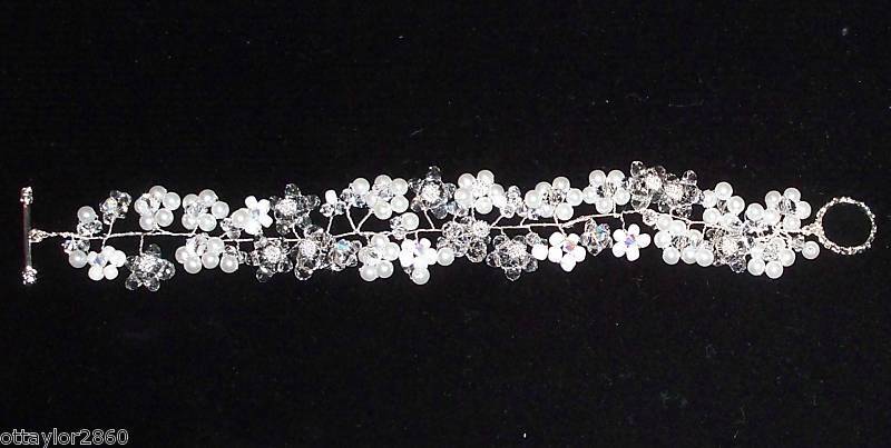 White Wedding Swarovski Crystals, Pearls Flower Motiff Bracelet in 