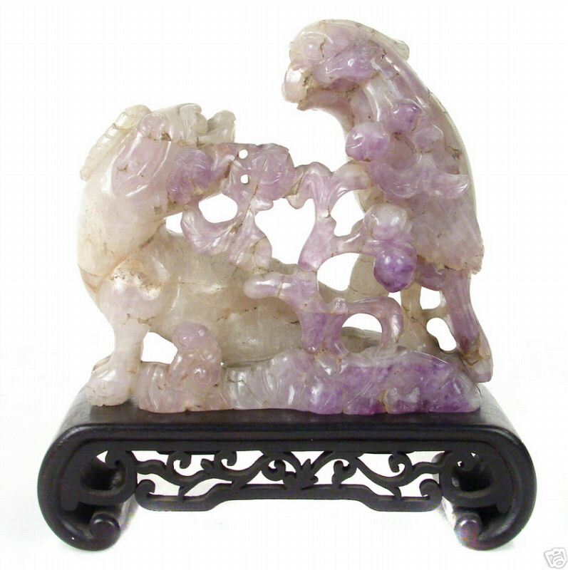 18th Cent Chinese Foo Lion & Parrot Amethyst Sculpture  