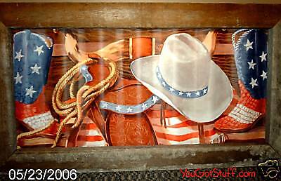 Western Cowboy Hat Horse Flag Boots Wood Tin Picture  