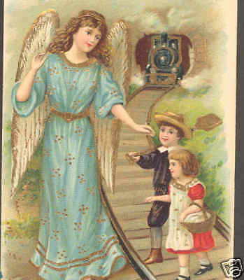 GUARDIAN ANGEL PROTECTS CHILDREN,TRAIN,VINTAGE POSTCARD  